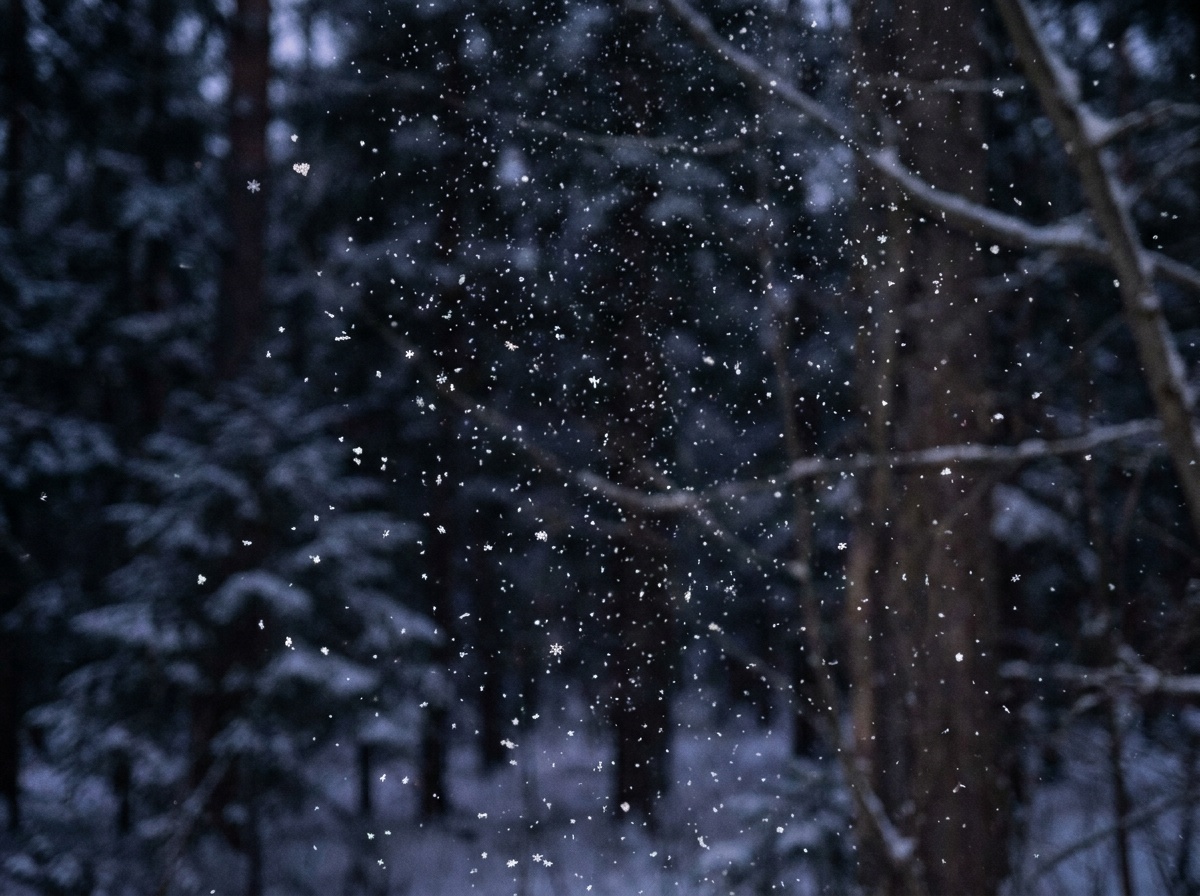 Heavy snowfall caught by a fast shutter, each flake frozen into a sharp white point suspended in the air against a backdrop of dark evergreen branches, the storm rendered as a field of crisp dots