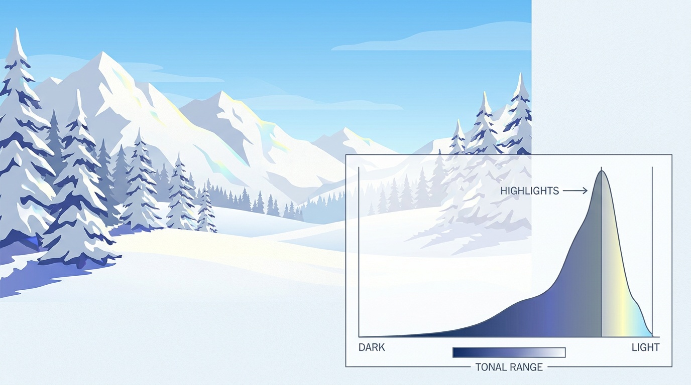 A sunlit snowfield rolling toward distant frosted pines, the fresh snow rendered as clean bright white with delicate blue shadow detail still visible in the drifts, exposed bright without losing the highlights