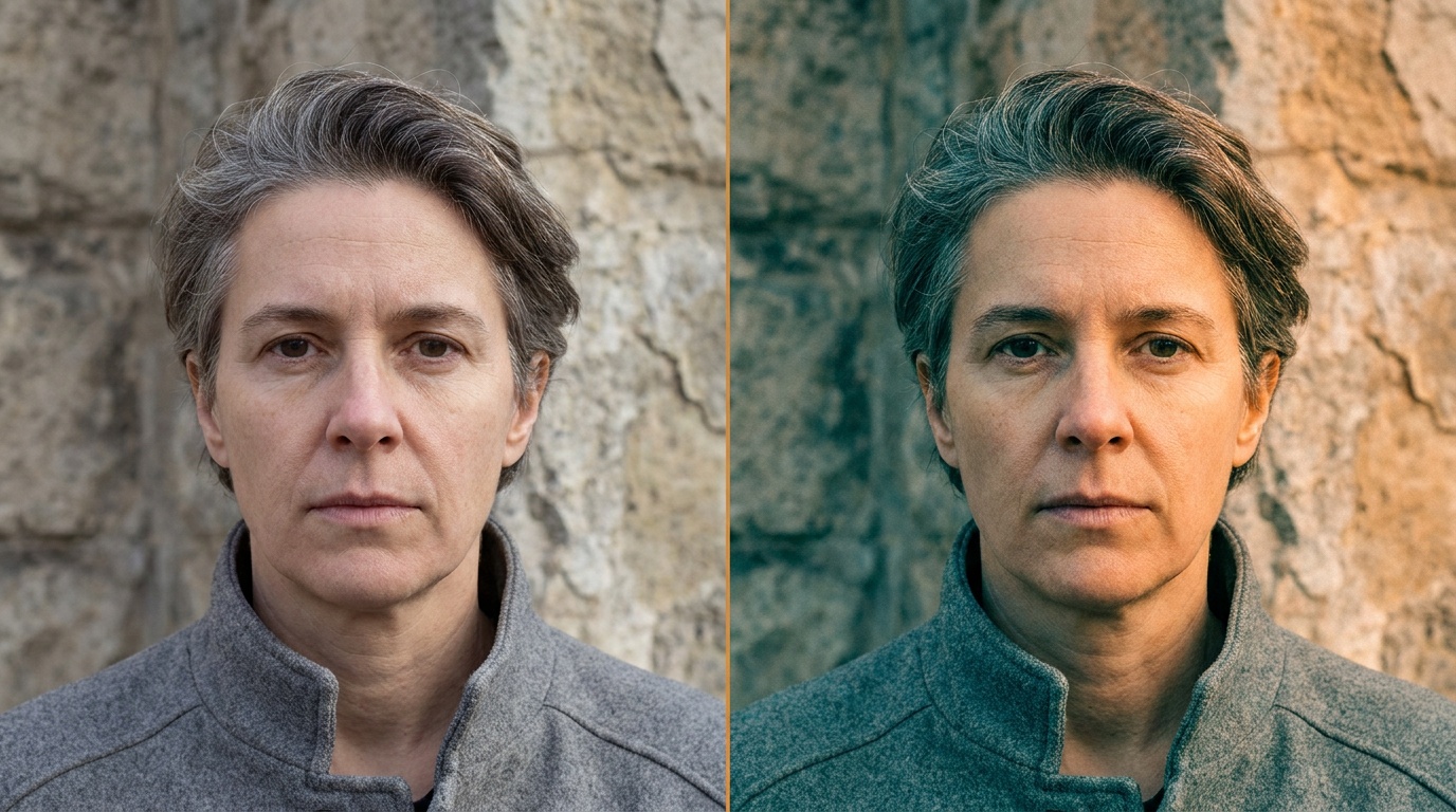 The same outdoor portrait shown twice, on the left a clean neutral corrected file, on the right the same frame after a subtle cinematic grade with warmer golden highlights and cooler shadows, the subject's skin still looking healthy and natural