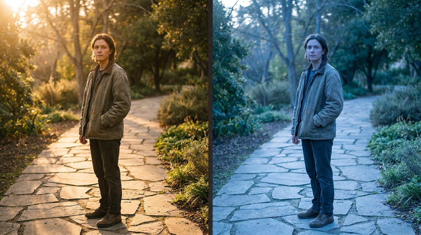 The same outdoor portrait shown twice side by side, on the left bathed in warm golden sunset light around 3000K, on the right rendered cool and blue in open shade near 7500K, the same face reading entirely different