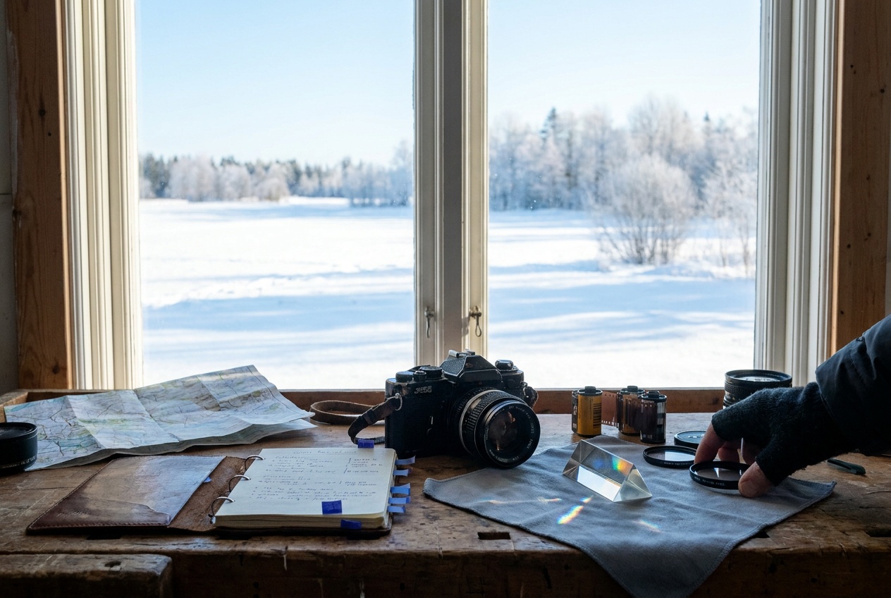 The same snow scene with positive exposure compensation, the snow clean white