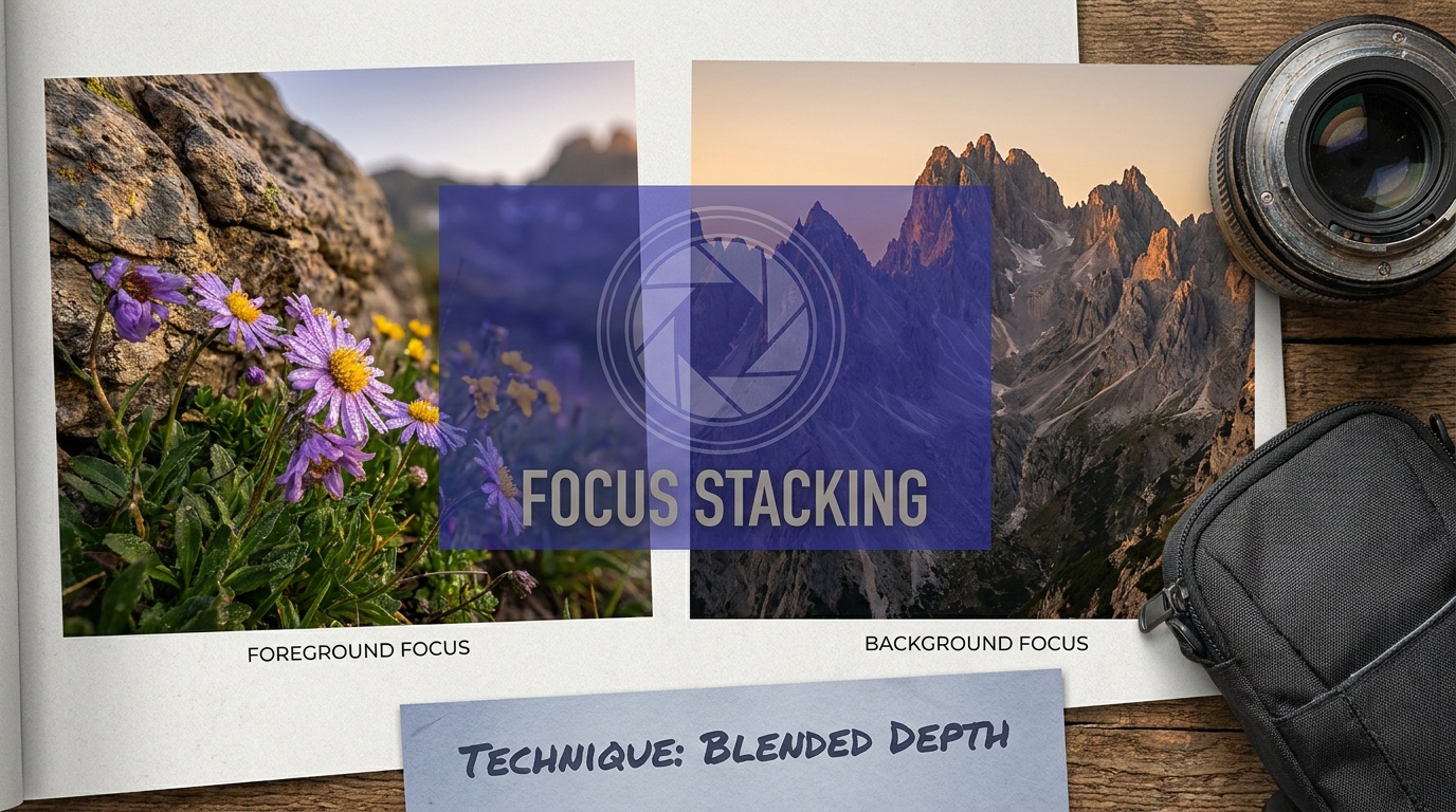 A mountain landscape where a cluster of wildflowers and a mossy rock just inches from the lens are rendered as crisply as the snow-capped peaks miles away, foreground and distance equally sharp across the whole frame