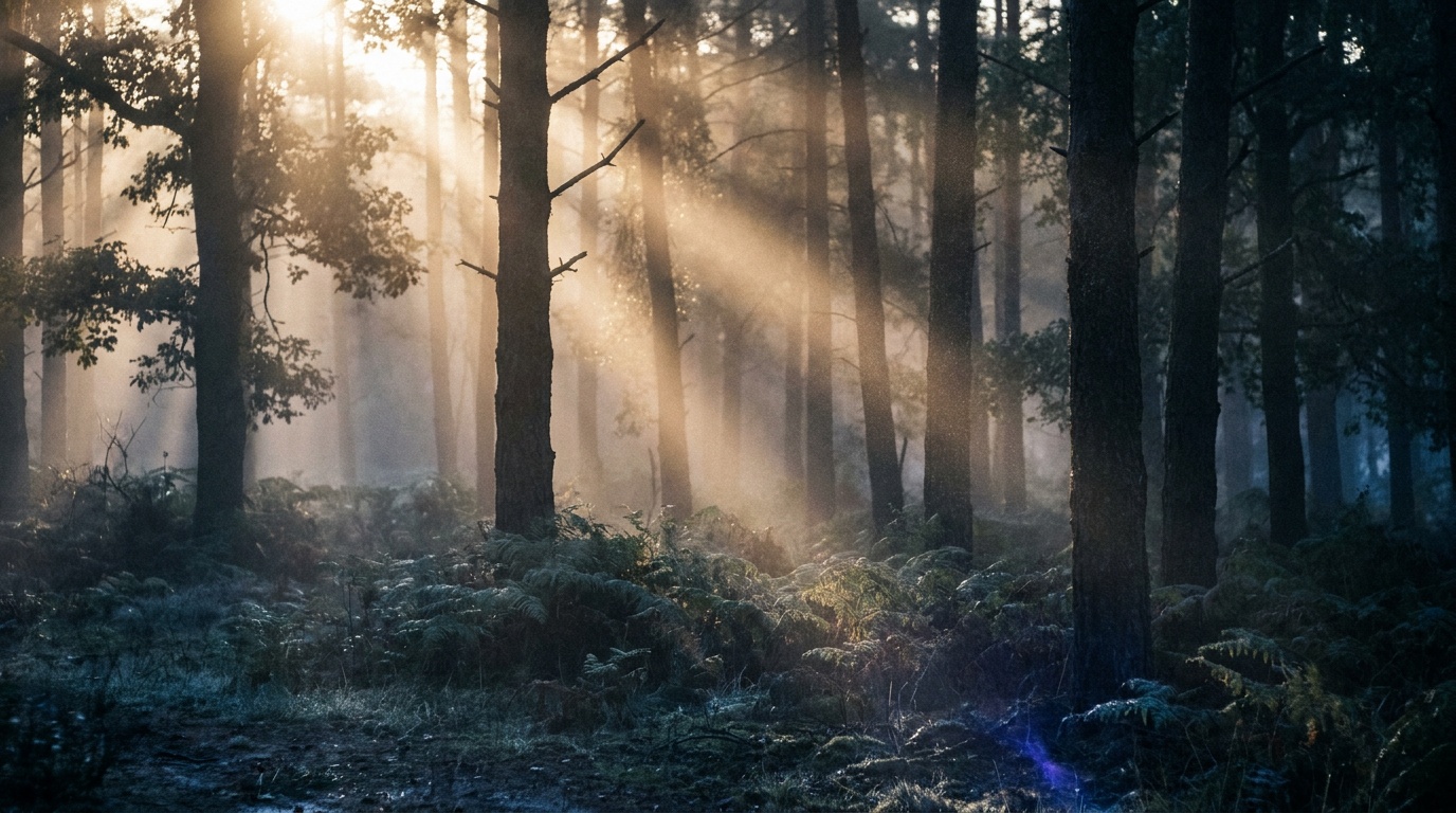 A low morning sun burning through a misty pine wood, casting solid, defined shafts of golden light that slant between the dark trunks and pool on the forest floor
