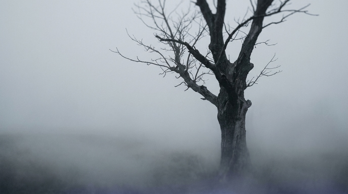 A single dark tree standing alone in a sea of soft pale fog, the simplified background letting the tree anchor the frame