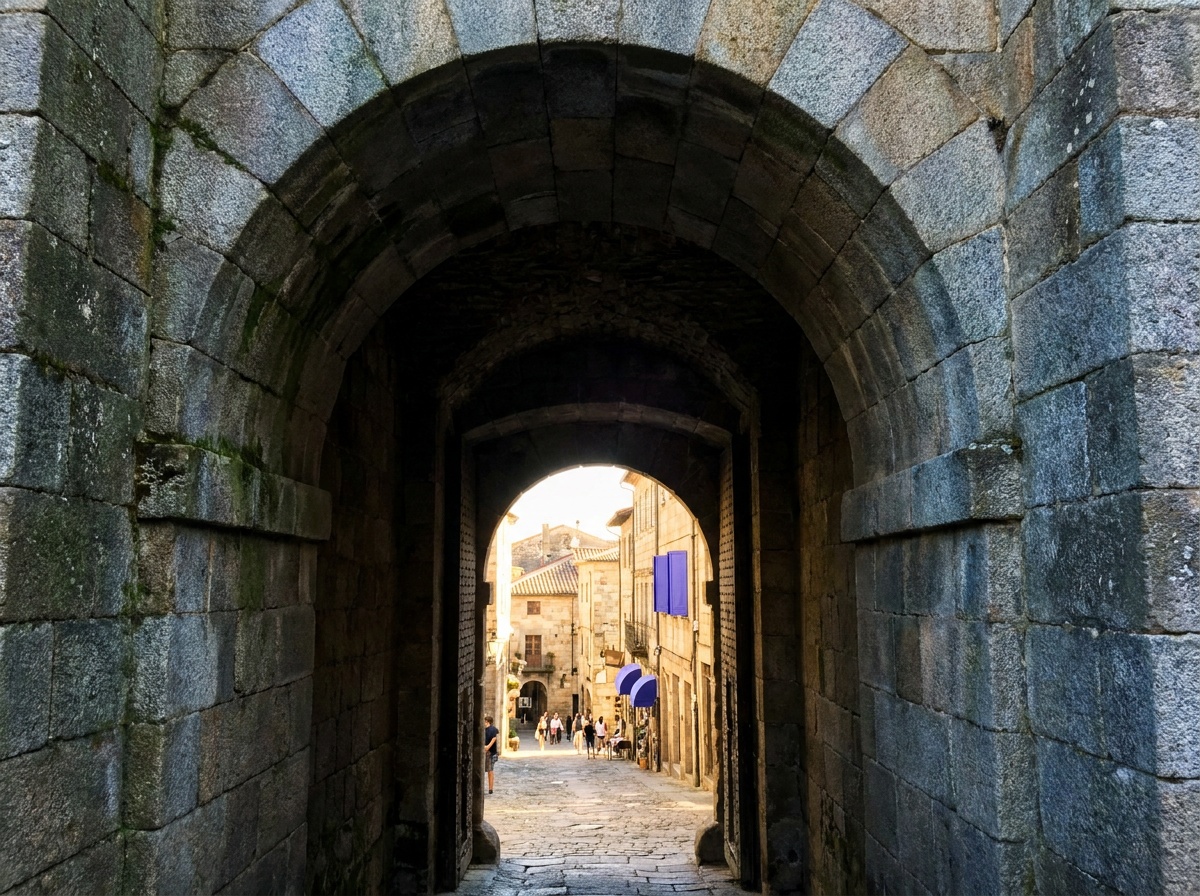 A bright sunlit old-town street and its passersby seen through a shadowed stone archway whose dark curve borders the scene on every side, pulling the eye straight to the lit lane beyond