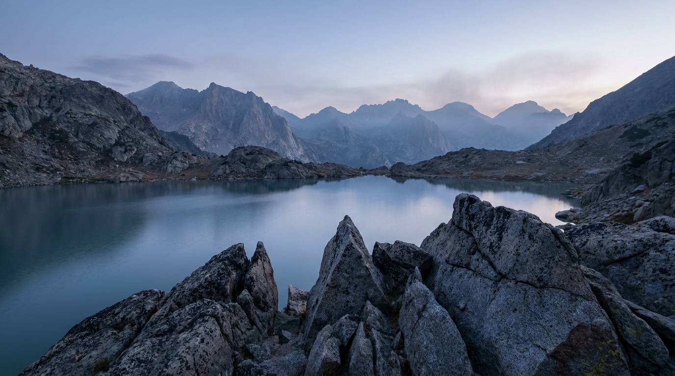 A wide mountain landscape at dawn with lichen-covered boulders sharp inches from the lens, a still mirror lake in the mid-ground, and snow-capped peaks behind, the three layers stacking into deep space