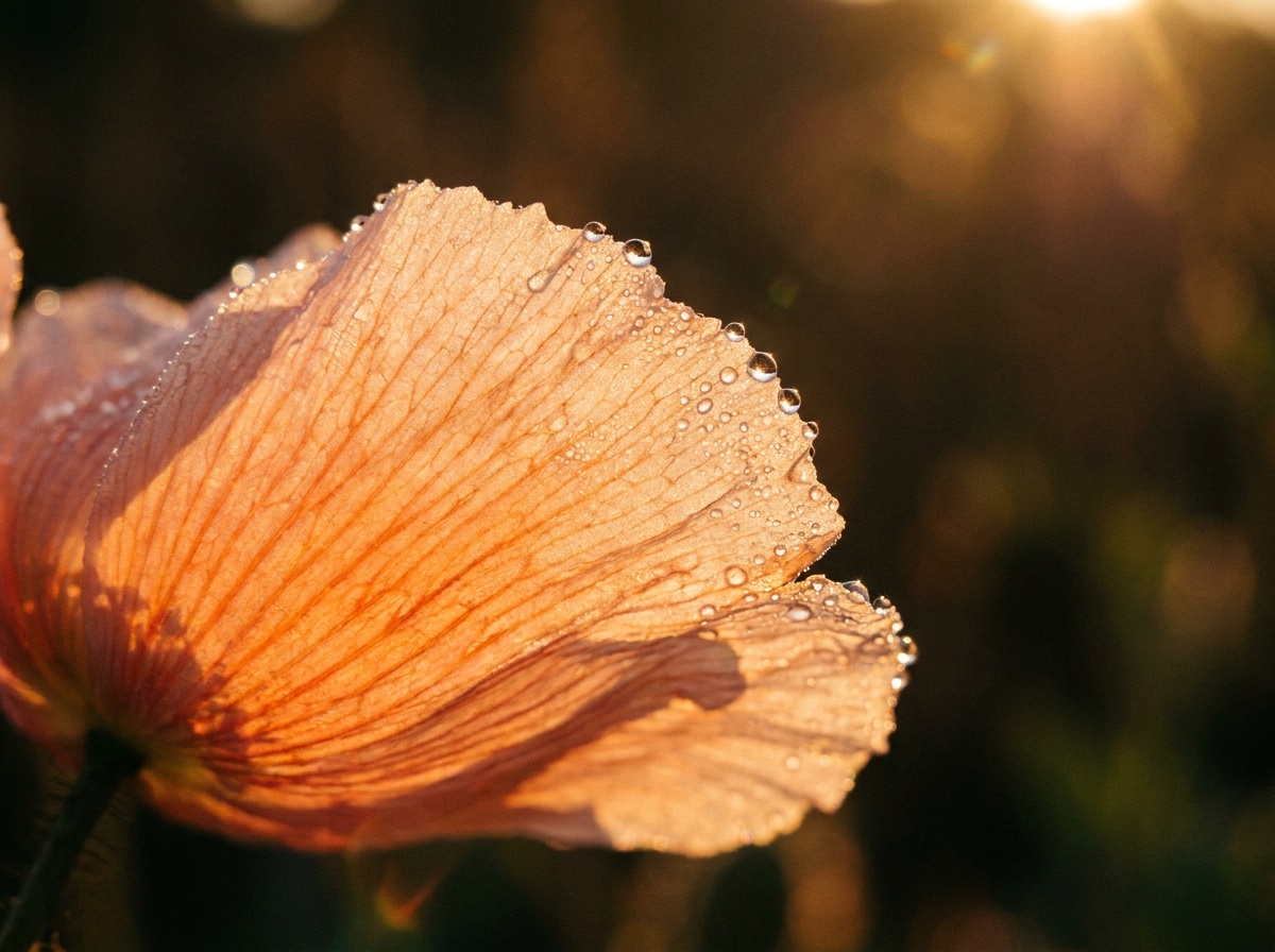 A translucent flower petal glowing in low backlight with droplets of dew catching the sun as tiny points of light