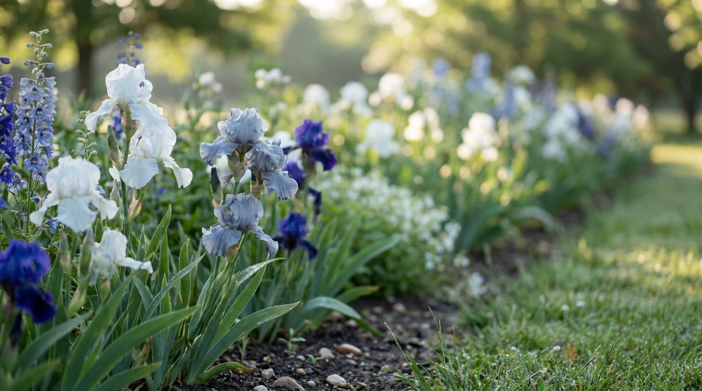 A low-angle view along a flower bed where the nearest blooms are sharp and the rest of the bed recedes into soft color