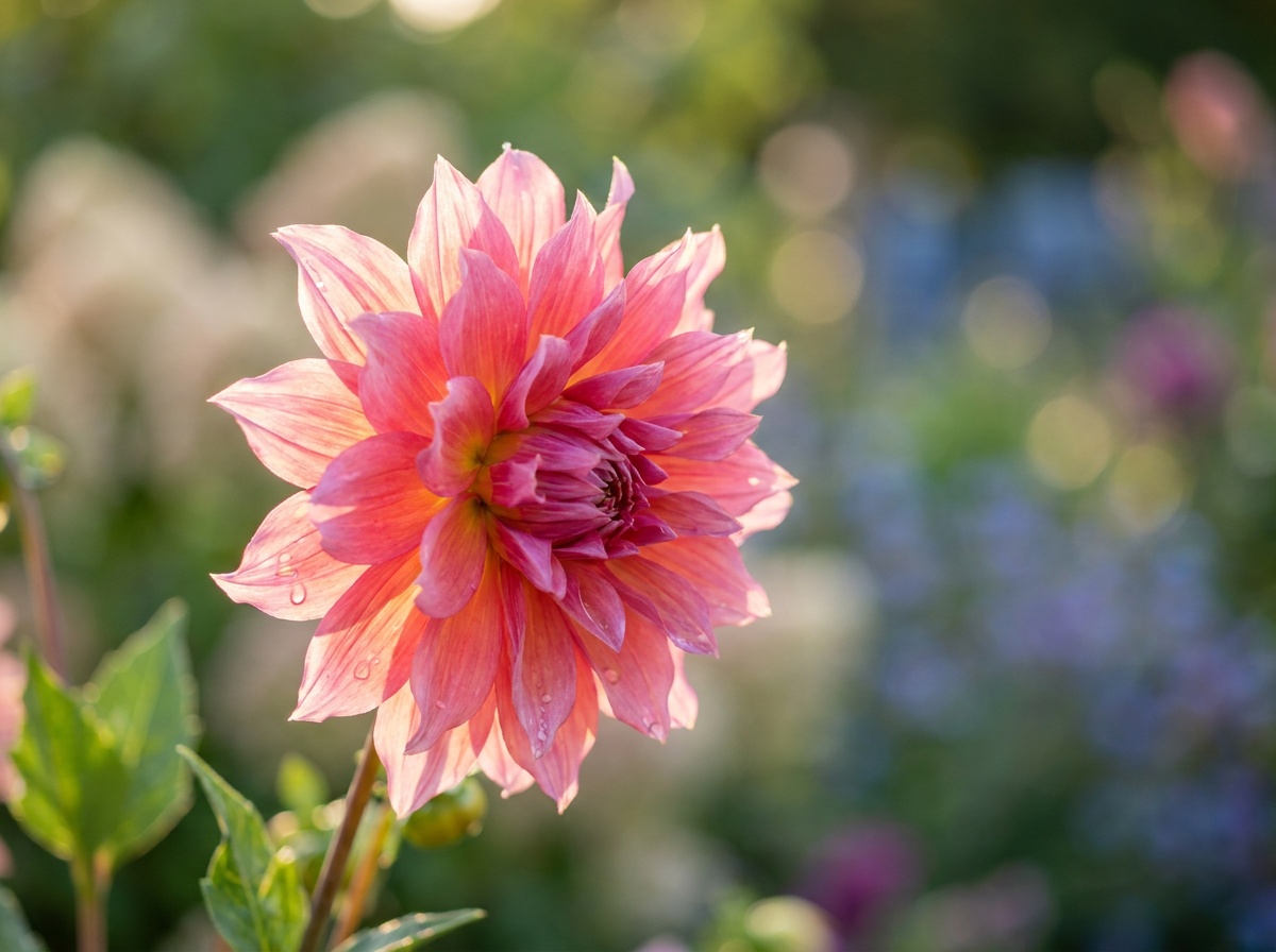 A single backlit flower in sharp focus standing out against a soft creamy out-of-focus background of the garden bed