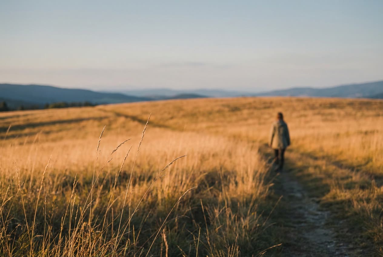A meadow at golden hour where a low sun rakes long, soft shadows of grass and a lone walker across warm amber ground, every blade edged in light