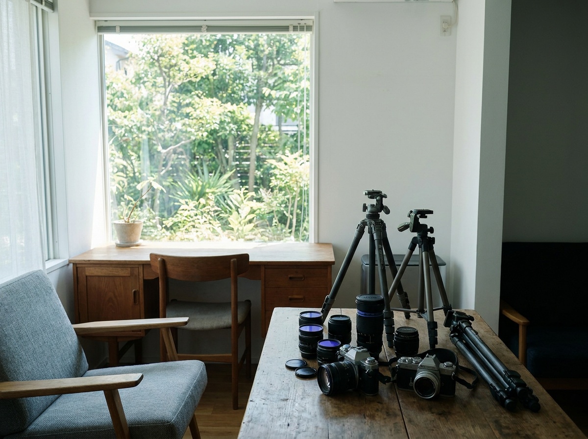 A sunlit living room where an HDR blend holds rich detail in the shaded sofa and bookshelves indoors while the bright garden view through the picture window stays fully exposed, neither washed out nor crushed