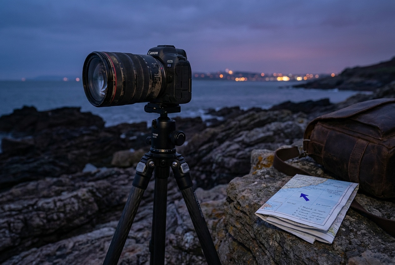 A long-exposure dusk cityscape where building lights and a river are rendered perfectly sharp and car headlights draw smooth unbroken light trails, the kind of clean frame only a rock-steady setup produces