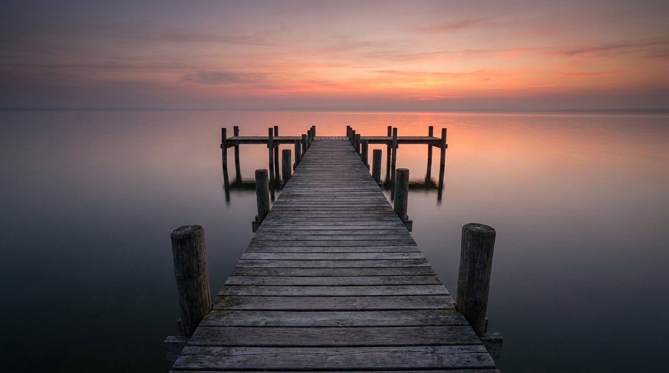 A weathered wooden pier running from the foreground straight out across mirror-calm water toward a fiery sunset, the horizon set low so the colored sky fills most of the frame