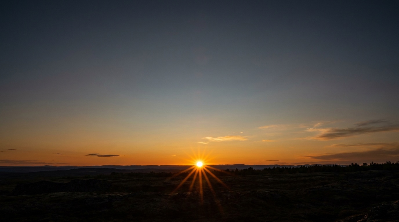 The setting sun peeking over a low ridge and rendered as a crisp many-pointed starburst, its rays radiating cleanly across a warm amber-to-violet gradient sky
