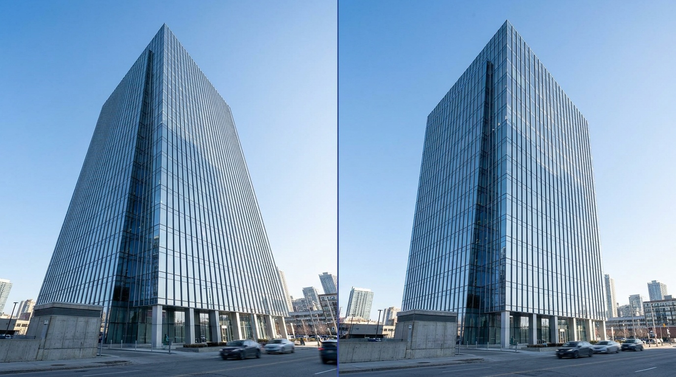 A glass office tower shown twice against a blue sky: on the left its sides lean inward and seem to topple back from a tilted-up camera, on the right the same tower stands bolt upright with parallel vertical edges