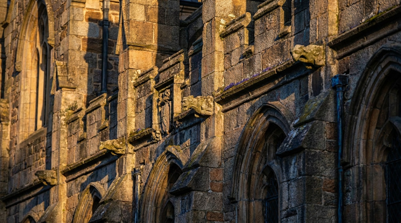 A weathered carved-stone cathedral facade raked by warm low sun from the side, every chisel mark, joint, and relief casting a tiny shadow so the whole surface reads as deep texture