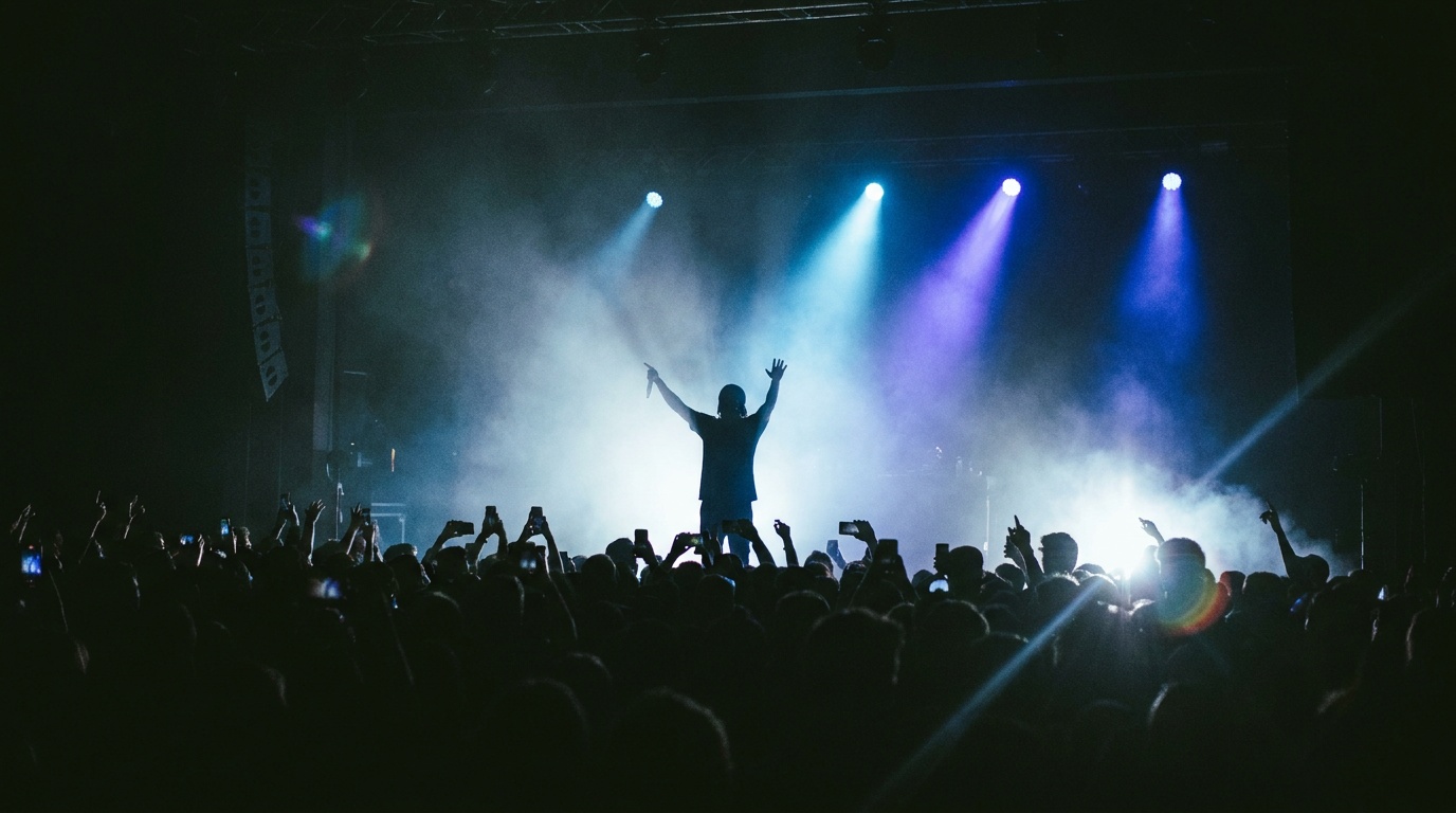 A performer with arms thrown wide rendered as a clean black silhouette against blazing backlights and drifting haze, beams fanning out around the figure into a bold graphic shape