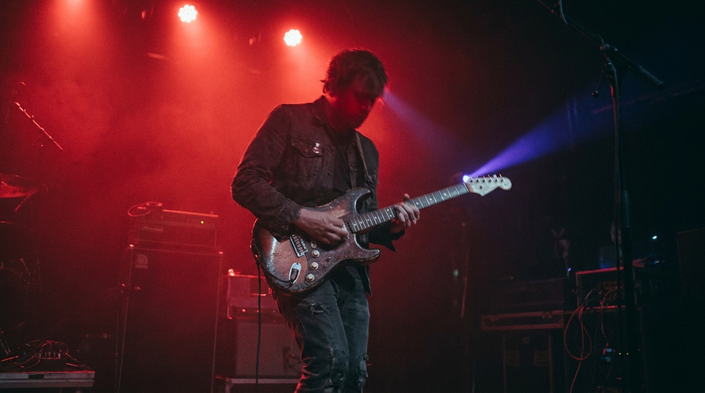A guitarist mid-solo drenched head to toe in saturated deep-red stage light, skin and instrument all glowing the same crimson, a wash so strong it overwhelms any neutral tone