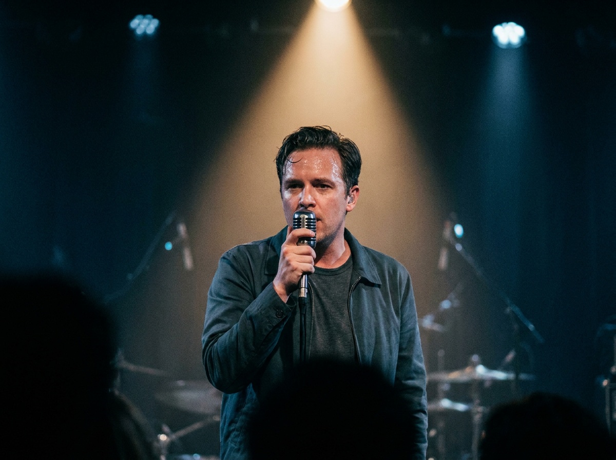 A vocalist gripping the mic in a single warm spotlight against a near-black stage, sweat and expression caught sharp, the dramatic pool of light left intact rather than flattened by flash
