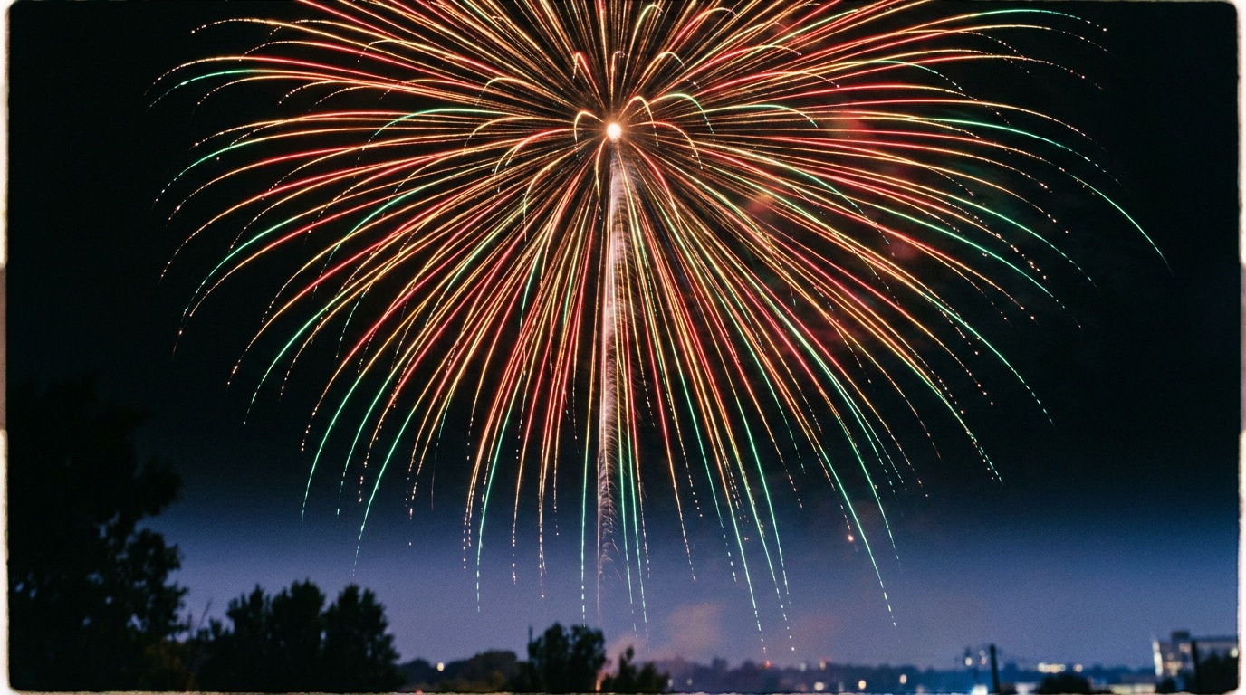 A single firework burst exploding against a pure black sky, each ember stretched into a long, sharp, gracefully curving trail of gold and green, the whole shell drawn as fine threads of light