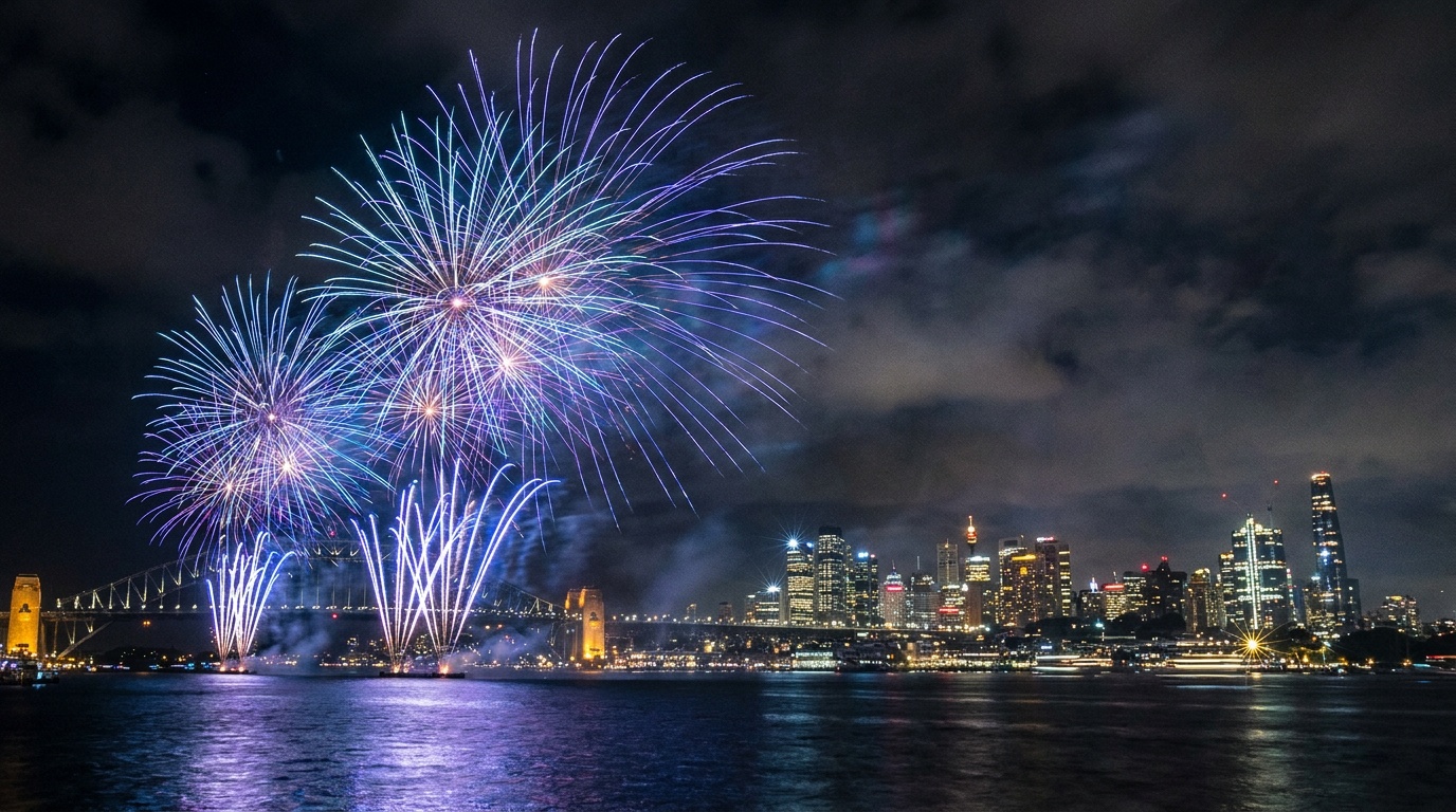 Golden fireworks blooming over a glittering downtown skyline at night, the lit towers and the bursts both mirrored in the calm harbor below so the color fills the frame top and bottom