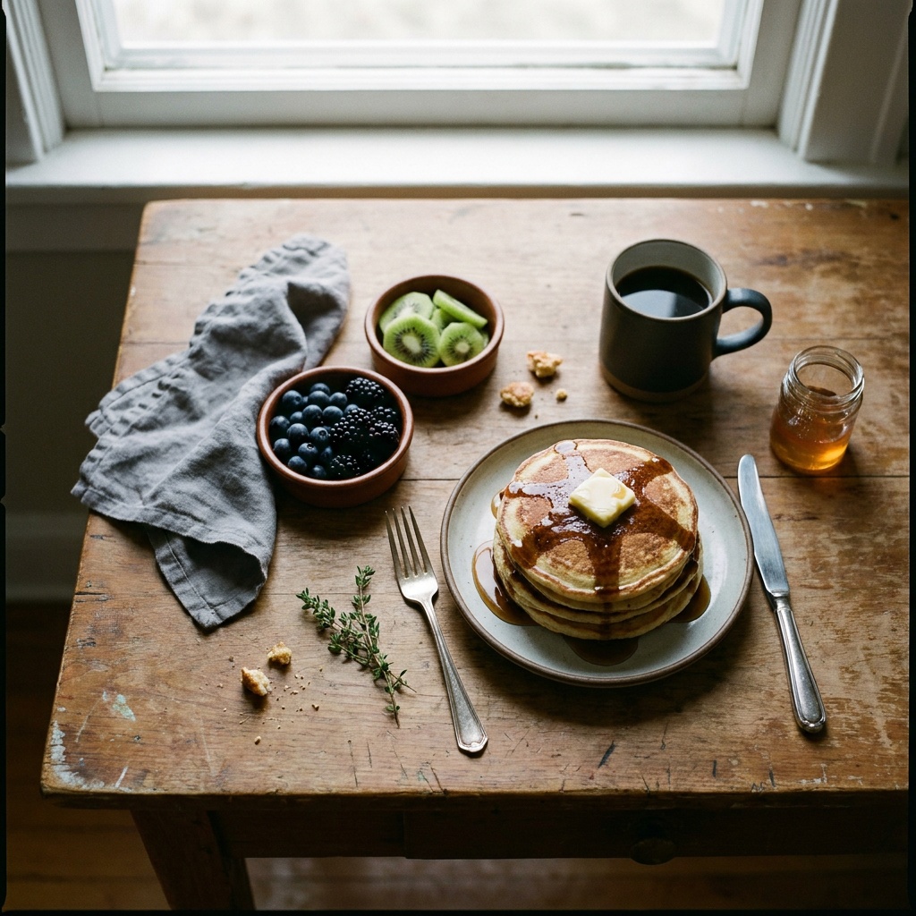 A finished overhead food photograph of a vibrant brunch spread, golden waffles, a bowl of bright berries, and a steaming coffee arranged across the frame with generous open space breathing around them