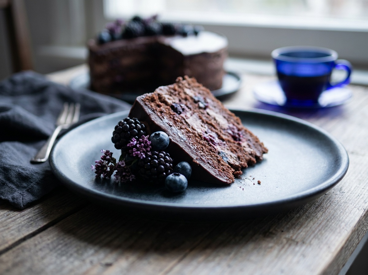 A glistening slice of chocolate cake shot at a wide aperture, the berry and mint garnish on its front edge tack sharp while the rest of the plate and the table behind dissolve into soft blur
