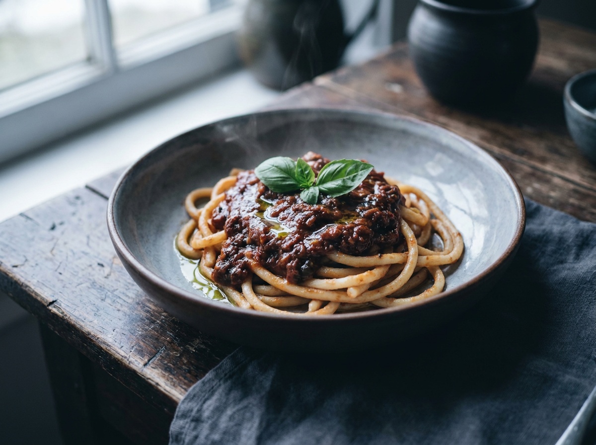 A steaming bowl of glossy tomato pasta lit by soft window light raking in from one side, the low light catching every ridge of sauce, curl of pasta, and wisp of rising steam in rich relief
