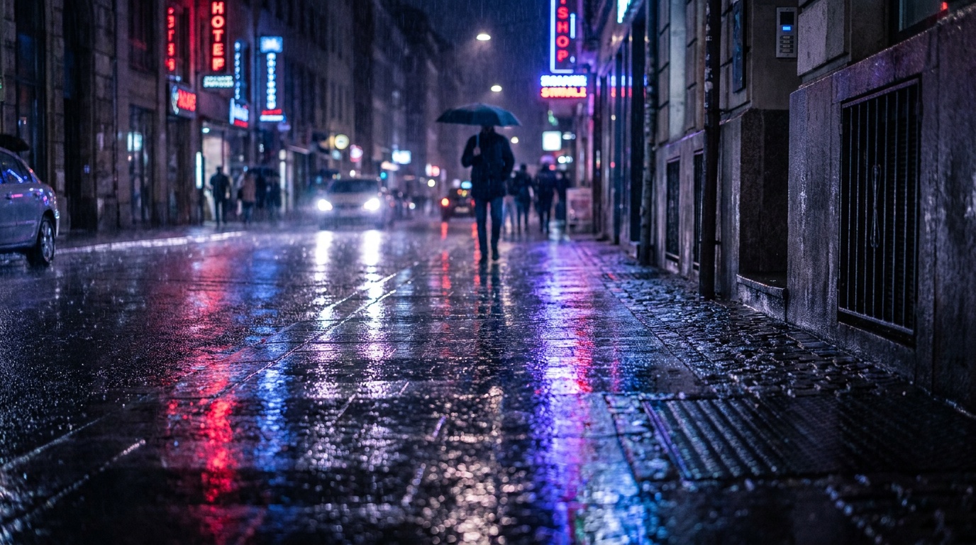 A rain-slicked city street at night where the black wet pavement mirrors glowing neon signs and streetlights into long ribbons of red, blue, and gold reflected color stretching toward the camera
