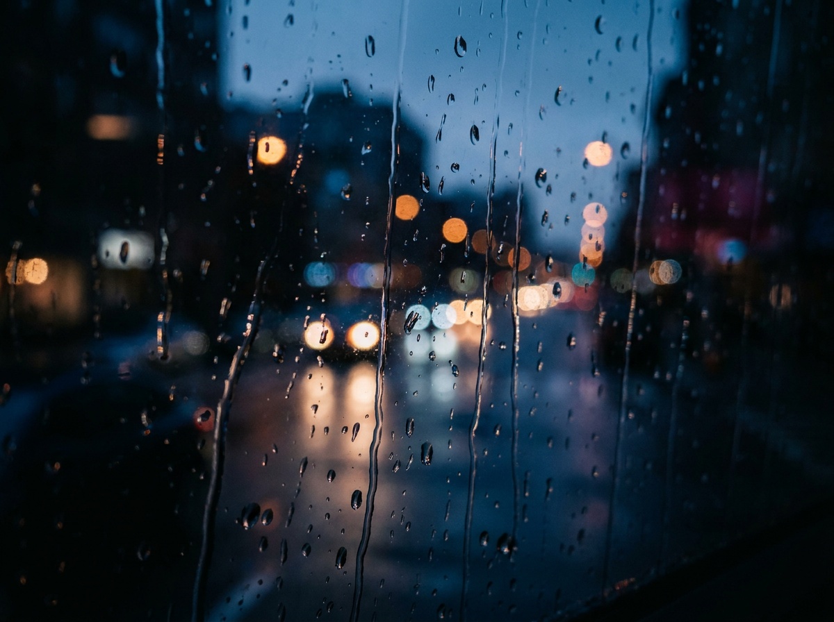 The view from inside through a rain-streaked window, fat crystal-clear droplets sharp on the glass in the foreground while the city's headlights and signs behind melt into soft glowing circles of bokeh