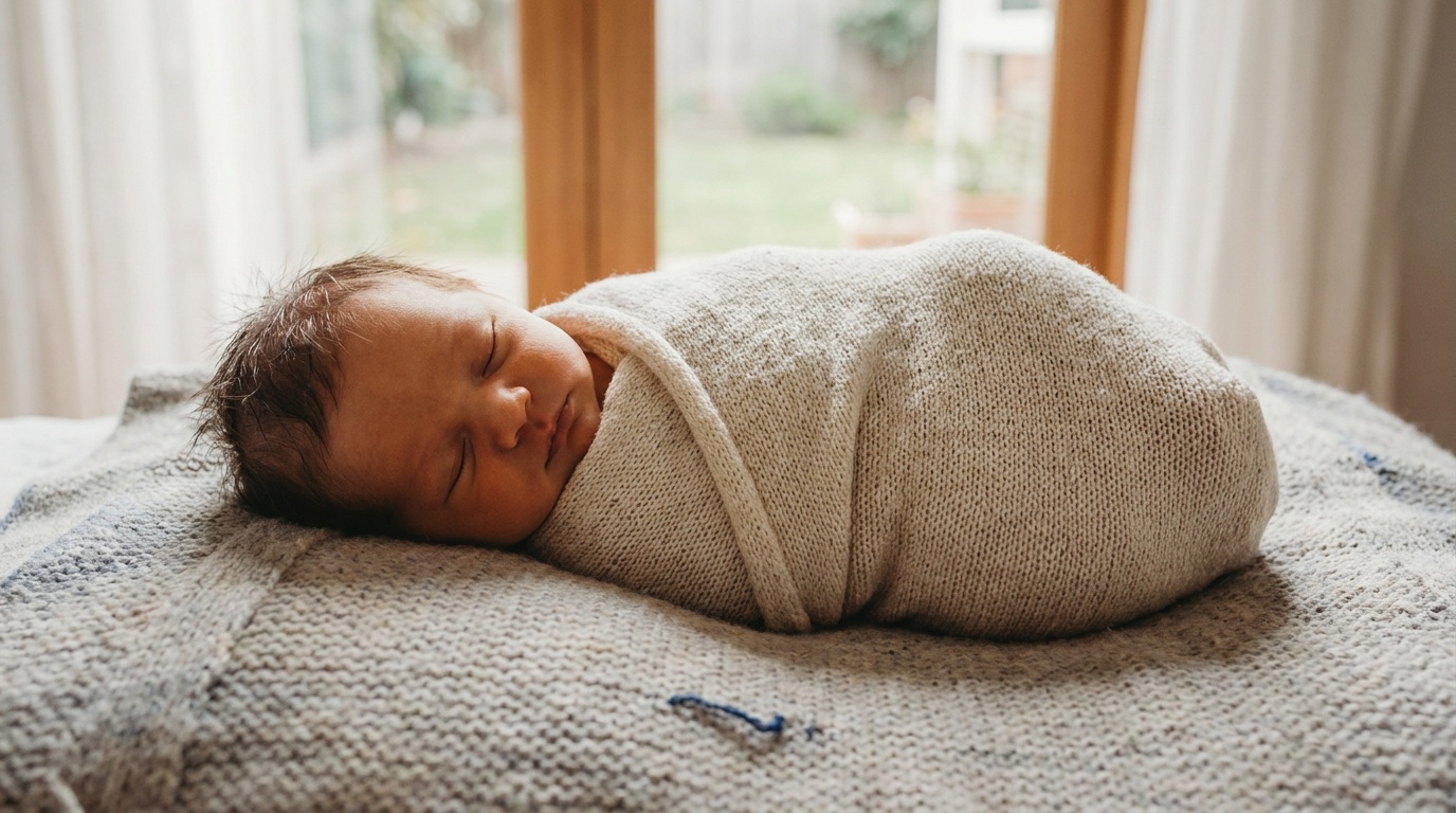 A sleeping newborn swaddled in a soft cream wrap, curled on a blanket beside a large window, gentle daylight wrapping across the baby's face and lighting fine wisps of hair, skin tones warm and natural