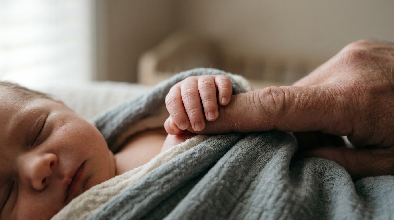 A tender close-up of a sleeping newborn's tiny hand curled around a parent's finger, soft window light to one side modeling the delicate skin, the tones warm and natural against a neutral wrap