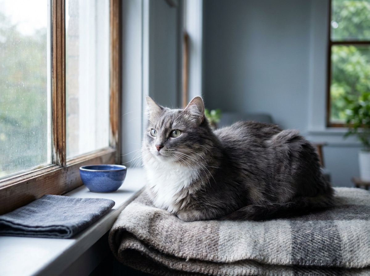 A tabby cat curled on a windowsill in soft directional daylight, individual whiskers and the velvet texture of its fur rendered cleanly, green eyes catching a bright window reflection against a plain wall