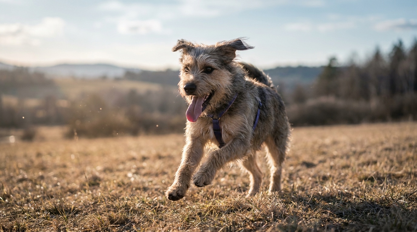 A border collie caught at full sprint across a sunlit meadow, all four paws off the ground, ears streaming back and tongue out, every hair and the eyes crisply frozen by a fast shutter