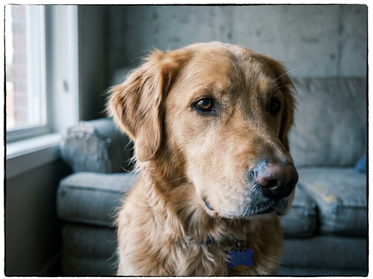 A golden retriever photographed at floor level in soft window light, the near eye and wet nose tack sharp, ears perked and head tilted in an alert, expressive look, the living room melting into gentle blur behind
