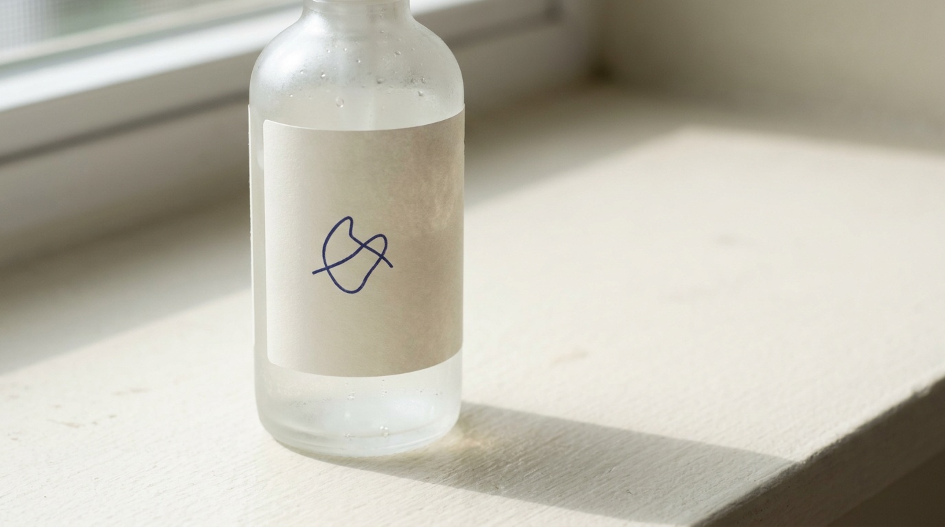 A finished product photograph of a frosted glass skincare bottle, soft window light wrapping around the curved surface from the side to reveal its shape, a gentle gradient shadow falling to the right and the label crisp against a clean pale background