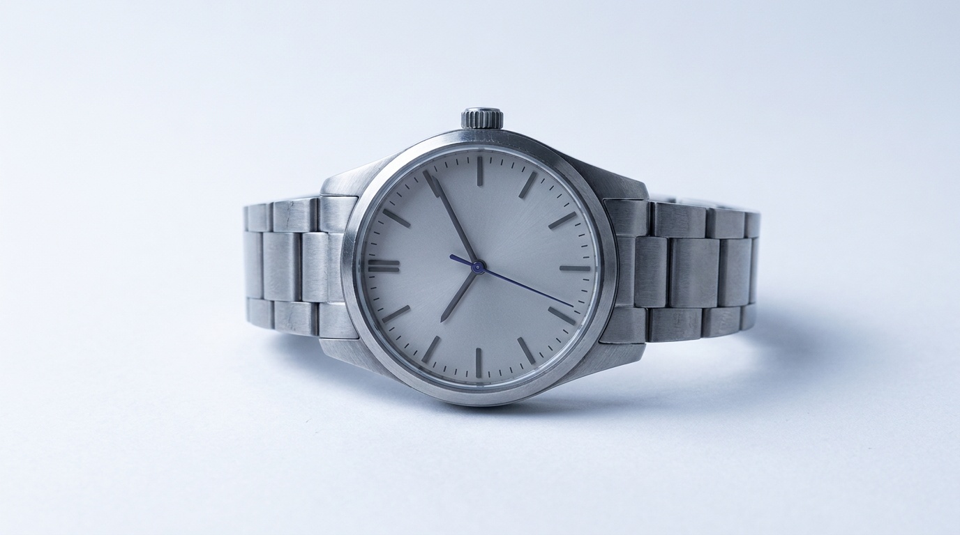 A finished product photograph of a stainless steel wristwatch on a seamless white sweep, the dial and brushed metal case sharp from front to back, soft side light raking across the bracelet to show texture with no visible horizon line behind it