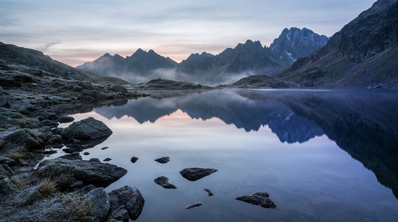 A glassy alpine lake at dawn holding a flawless upside-down image of snow-dusted peaks and a pink and gold sky, the waterline so still that the real scene and its mirror are almost impossible to tell apart
