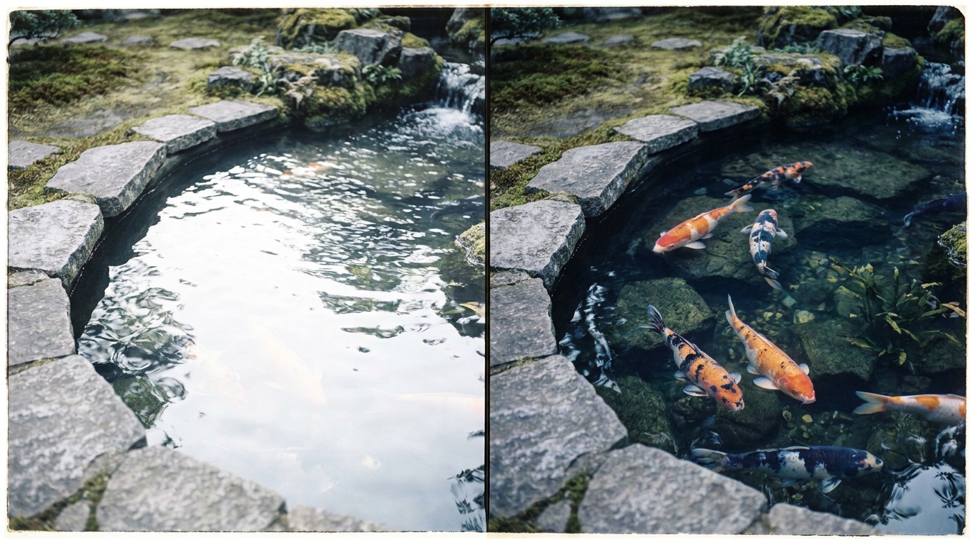Two photographs of the same koi pond side by side: in one, white sky glare skates across the surface and hides the water; in the other, the glare is gone and bright orange koi glide clearly beneath the now-transparent surface