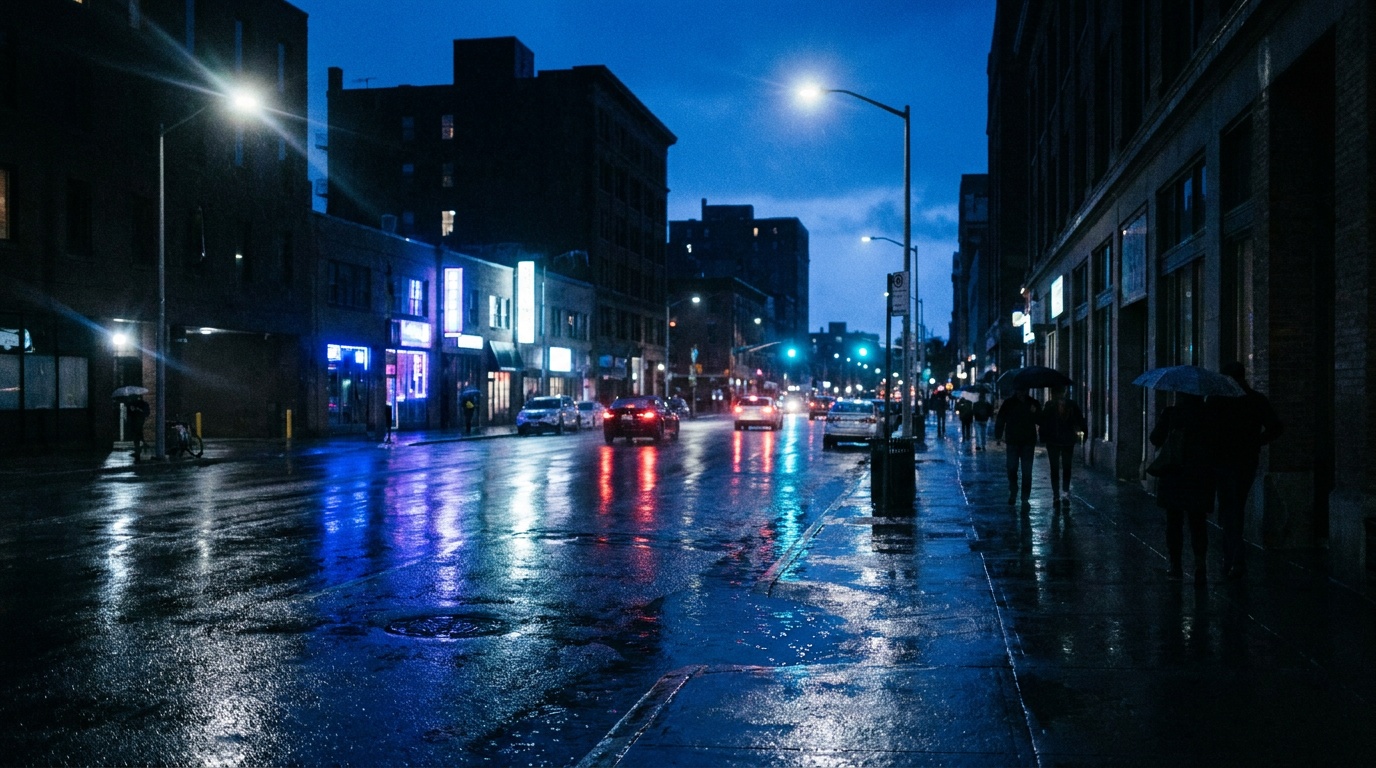 A rain-slicked city crosswalk at blue hour, red and amber neon signs and white headlights smearing into long mirrored streaks across the glossy black pavement while the deep blue sky still glows overhead