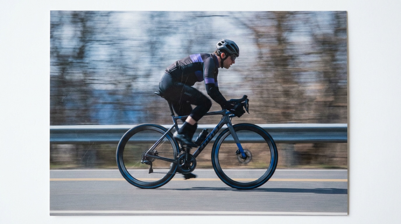 A road cyclist crouched low and sharp while the spectators, trees, and tarmac behind dissolve into horizontal streaks of color, the wheels spun to a blur, all from panning the camera at a slow shutter