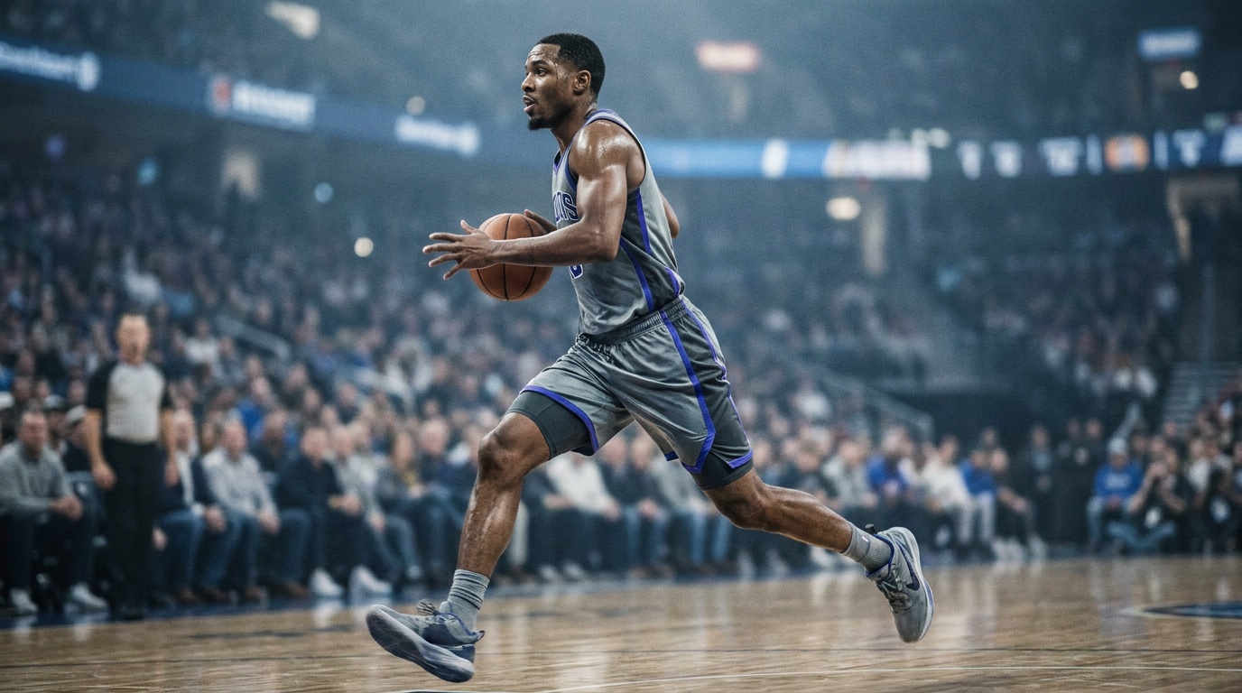A basketball player exploding to the rim mid-dunk, muscles and concentration sharp, the arena seats and stage lights behind reduced to a creamy out-of-focus glow by a fast telephoto lens