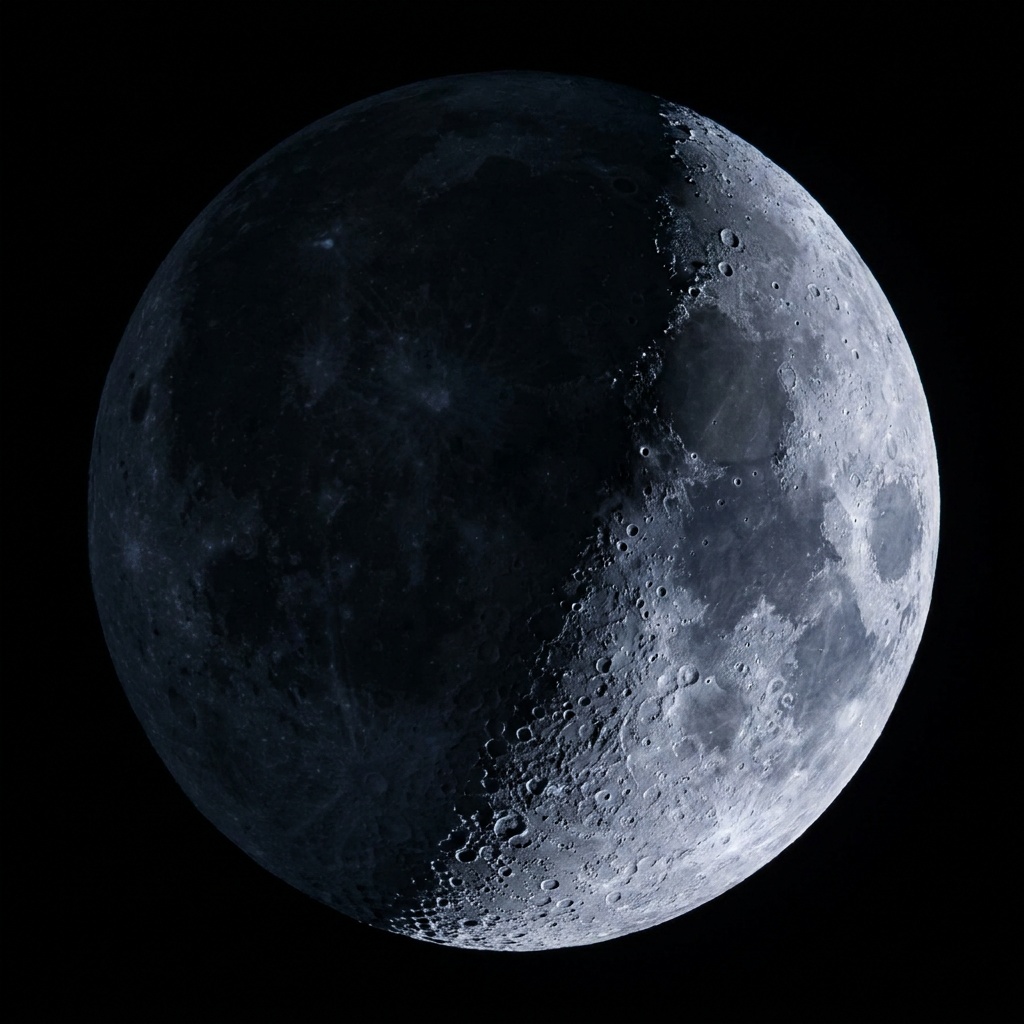 A waxing crescent moon raked by low side light, the curved terminator line lined with craters whose rims throw long black shadows, the lunar surface looking three-dimensional and textured against the night