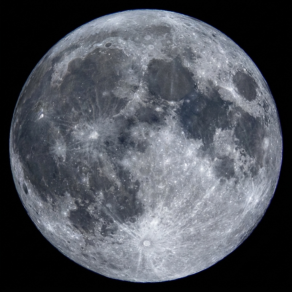 A crisp full moon filling the frame against pure black sky, the dark gray maria and a scatter of bright crater rims clearly resolved across the disc with no blown-out white patches