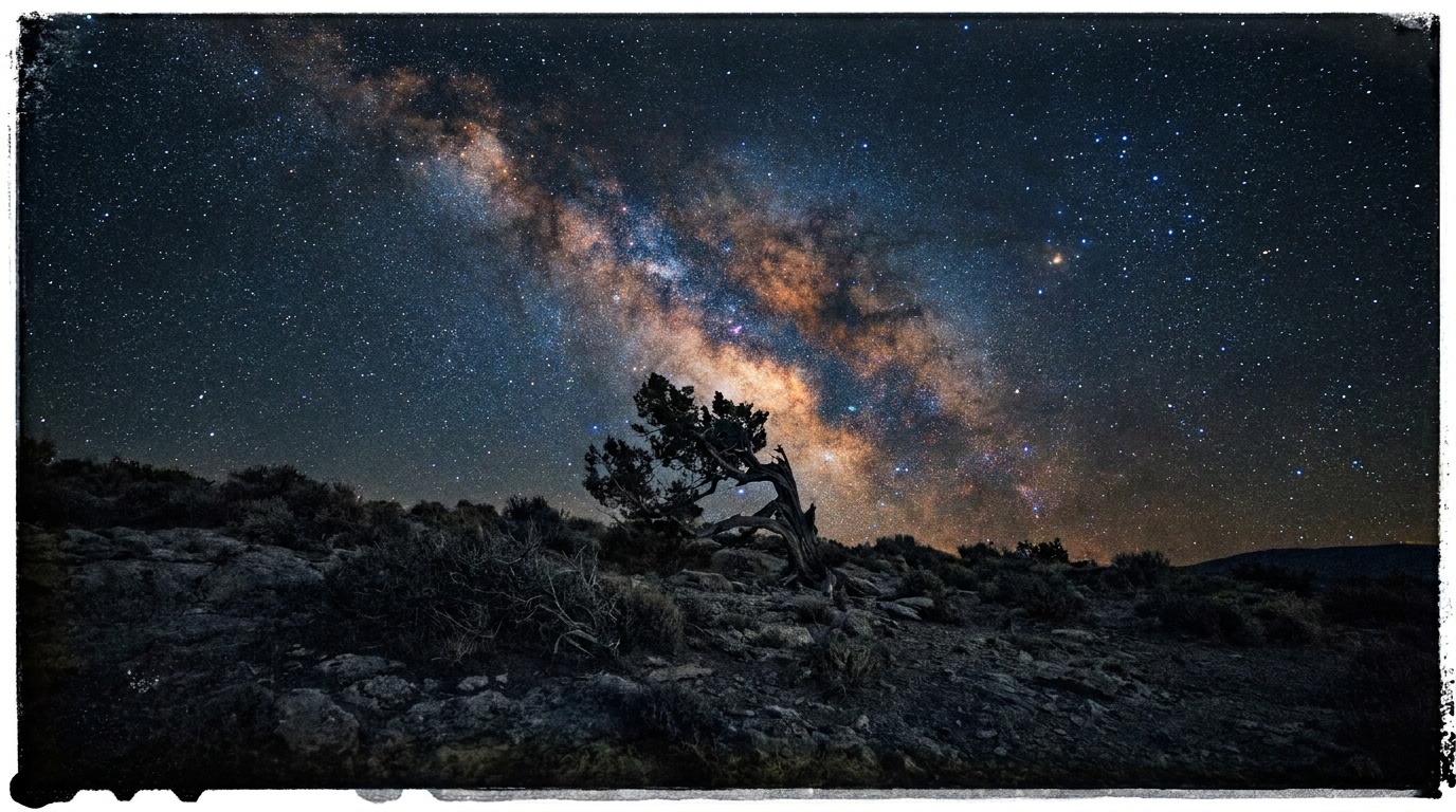 The glowing core of the Milky Way rising in a bright dusty arc above a lone wind-bent tree on a dark hillside, every star a crisp pinpoint rather than a streak, the deep sky a natural blue with warm galactic glow