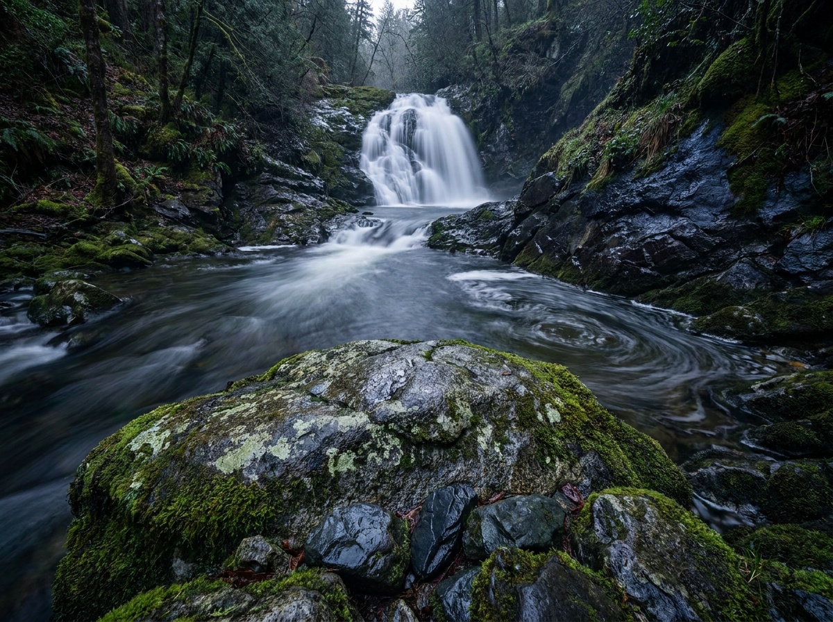 A waterfall under soft overcast light, a textured moss-covered boulder anchoring the lower foreground while a curving silk-smooth stream sweeps back through the frame as a leading line toward the falls, the greens deep and saturated