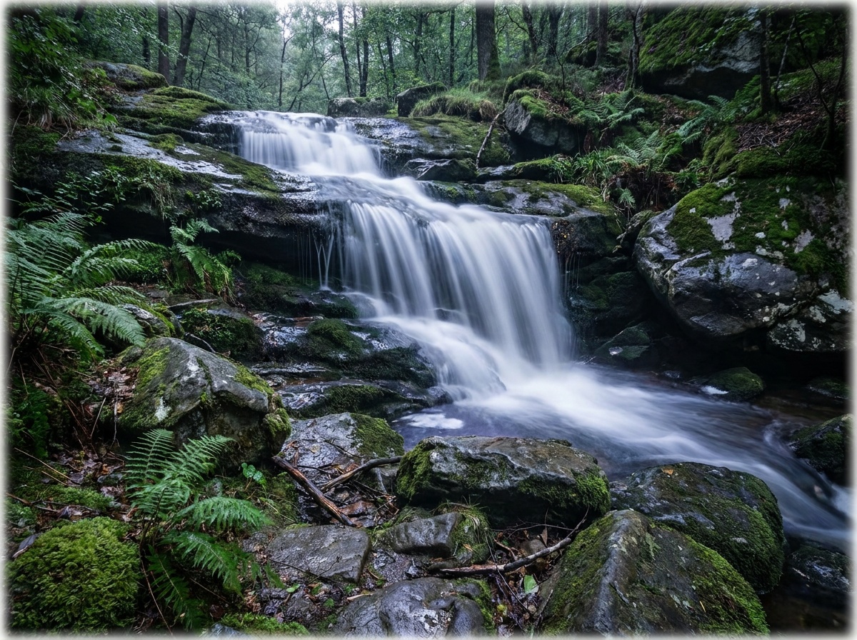A woodland waterfall on a multi-second exposure, the falling water rendered as a soft silken white veil pouring over emerald moss-covered boulders, the wet rock and surrounding ferns staying perfectly crisp