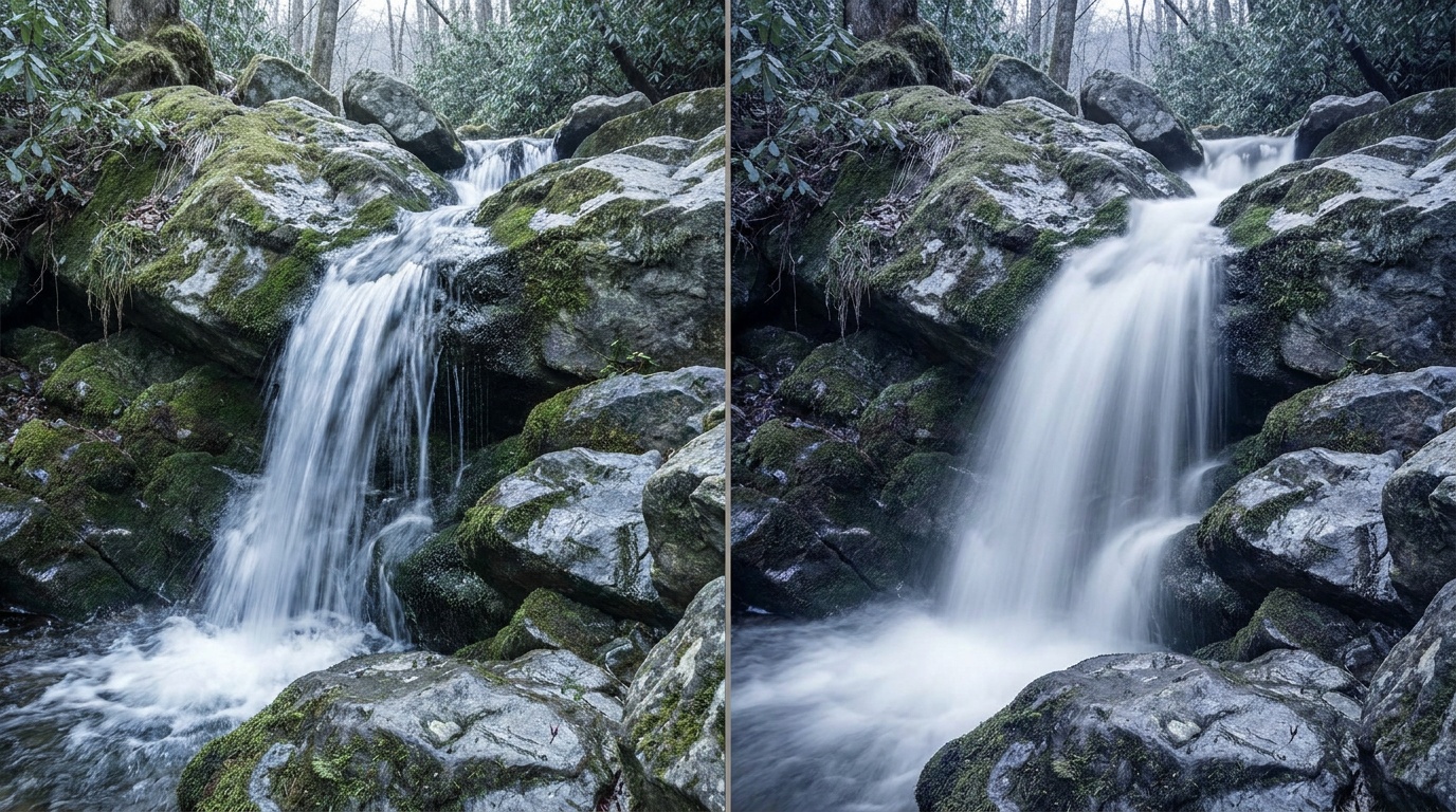 Two photographs of the same small cascade side by side: in one, a quarter-second exposure keeps individual strands and ripples visible in the water; in the other, several seconds melt the same flow into a dreamy smooth fog