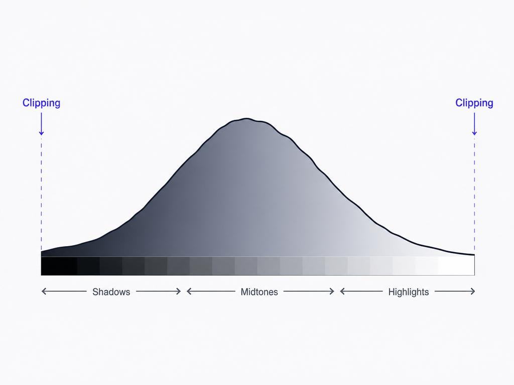 A labeled histogram graph with shadows, midtones, highlights, and clipping marked at the edges