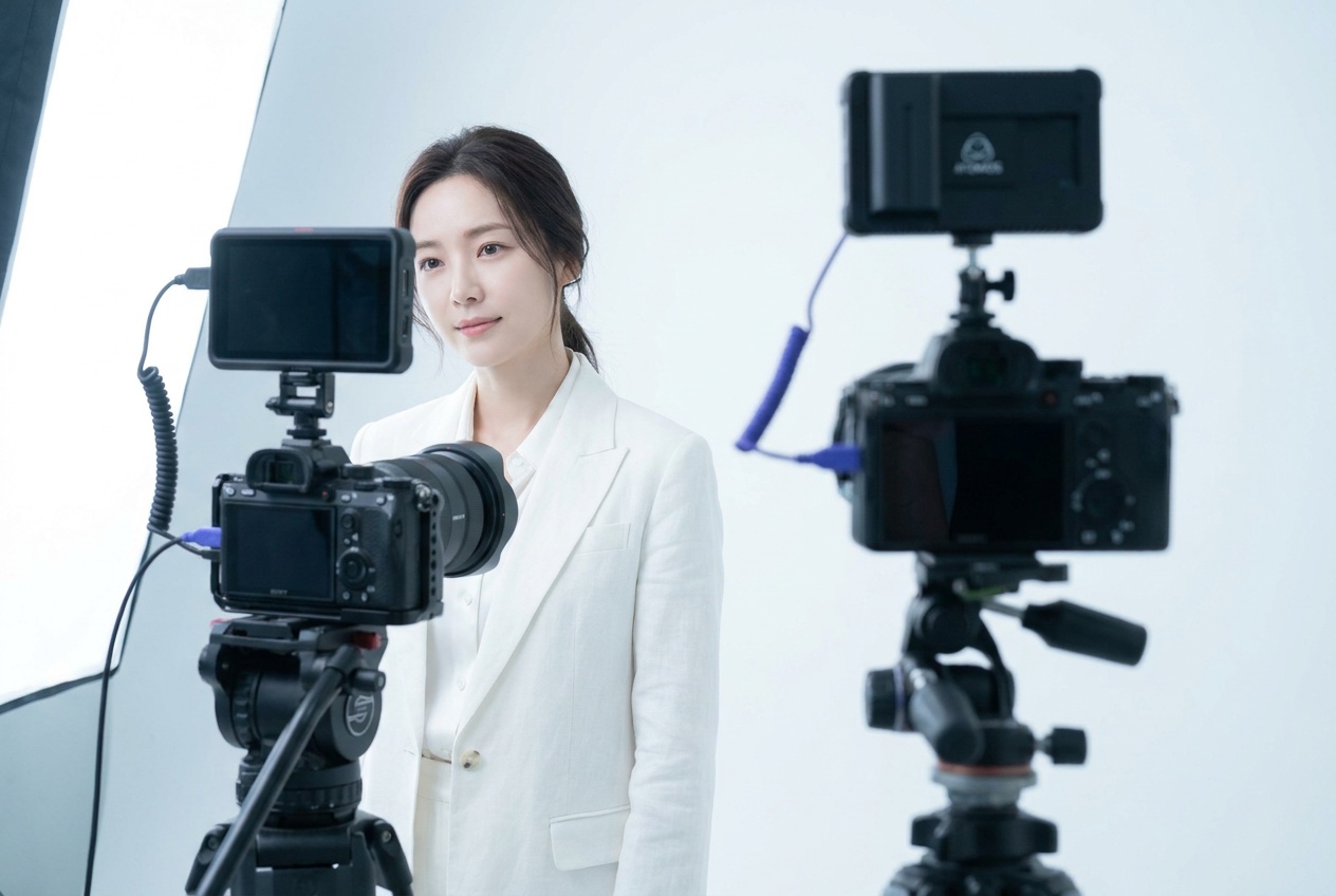 A bright, airy high-key portrait of a woman in white against a softly glowing white background, the scene full of pale luminous tones and gentle shadows yet still holding detail in her face and clothing